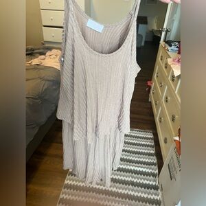 Pink Lily | Flowy Tan Spaghetti Strap Romper | Mini